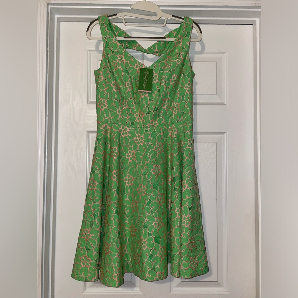 NWT Lilly Pulitzer Freja Green Pique Two Tone Lace Fit Flare Dress